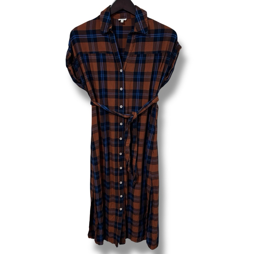 EN Creme Maxi Button Front Plaid Dress Tie Belt Women's Size XS‎ 19 x 44